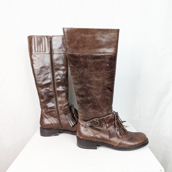 Coconuts by Matisse Leather Brogue Kiltie  Brown Riding Boots - Picture 2 of 9